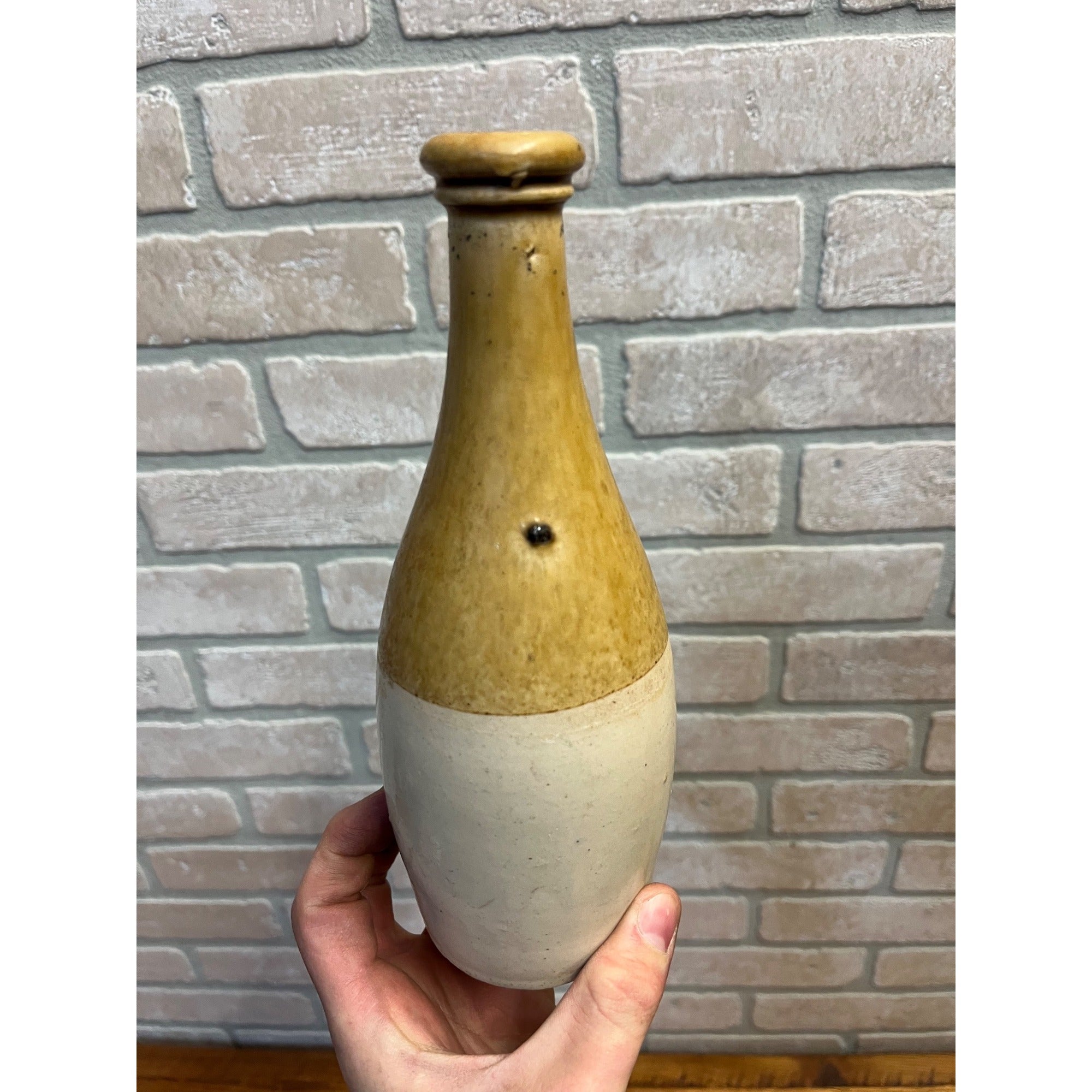Vintage Stoneware Brown & White Bottle Primitive Decor Beer 1950s
