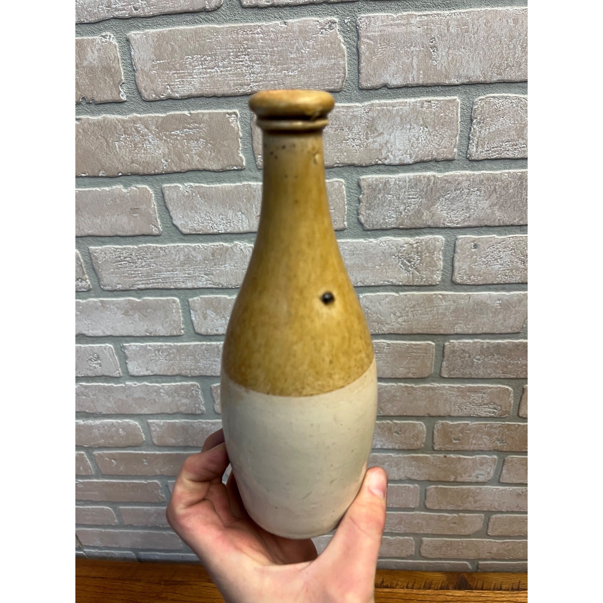 Vintage Stoneware Brown & White Bottle Primitive Decor Beer 1950s