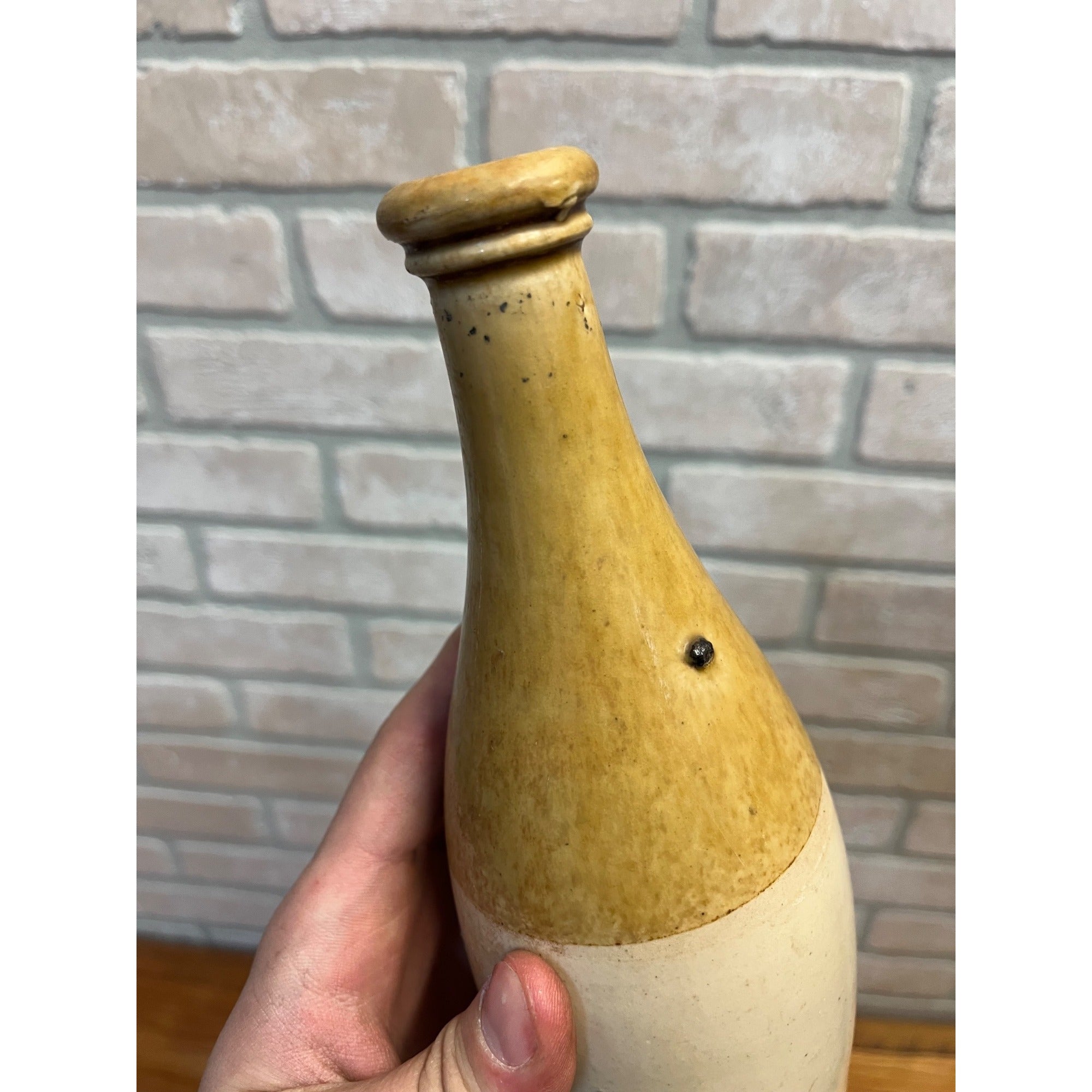 Vintage Stoneware Brown & White Bottle Primitive Decor Beer 1950s