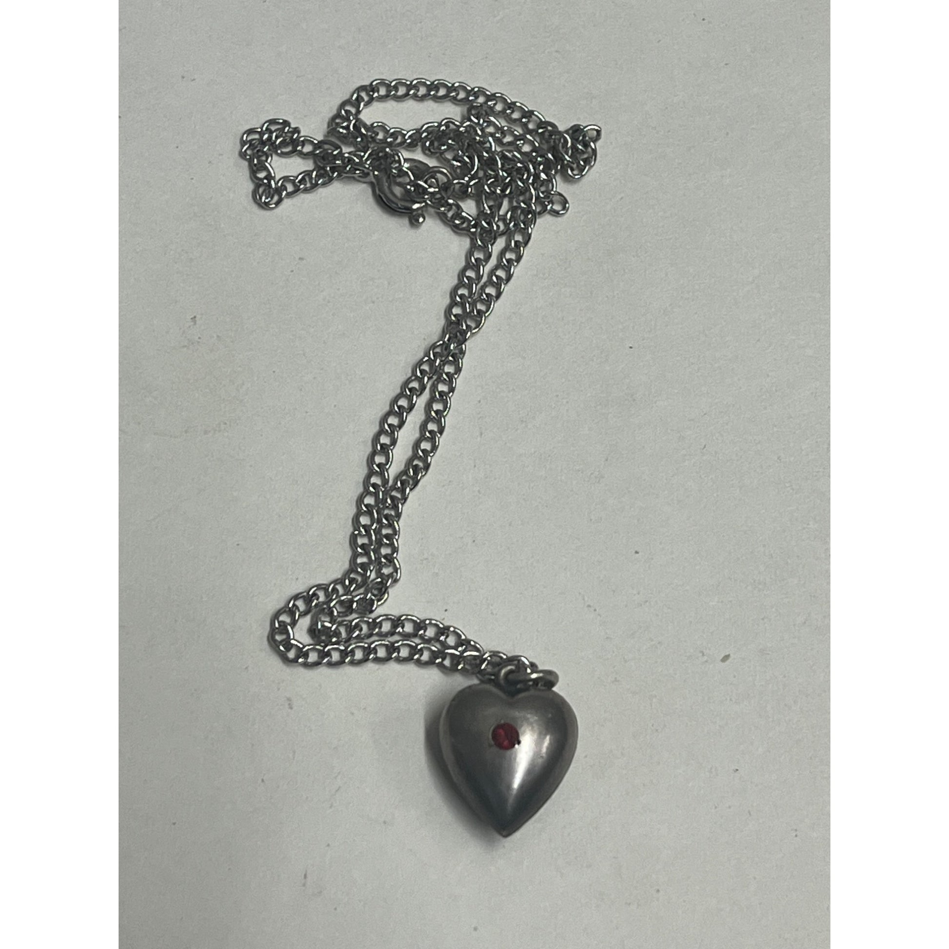 Antique Sterling Silver Puffy Heart Necklace Pendant Charm with Red Stone