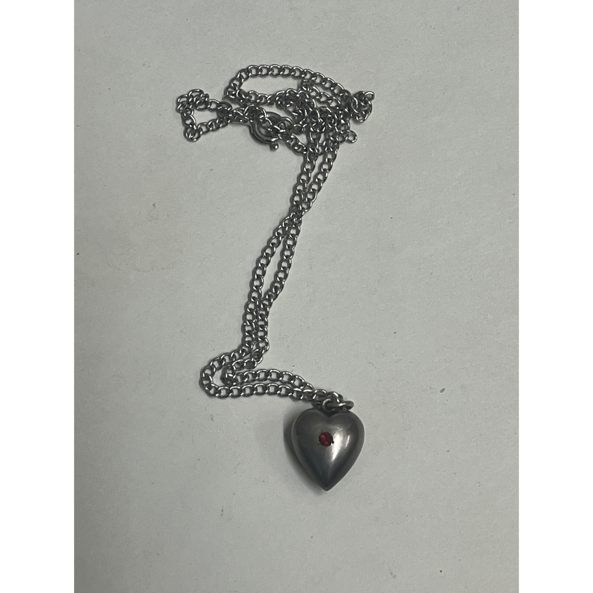 Antique Sterling Silver Puffy Heart Necklace Pendant Charm with Red Stone