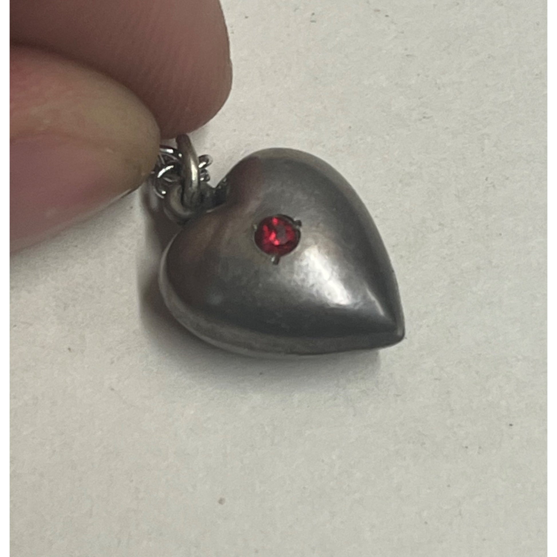 Antique Sterling Silver Puffy Heart Necklace Pendant Charm with Red Stone