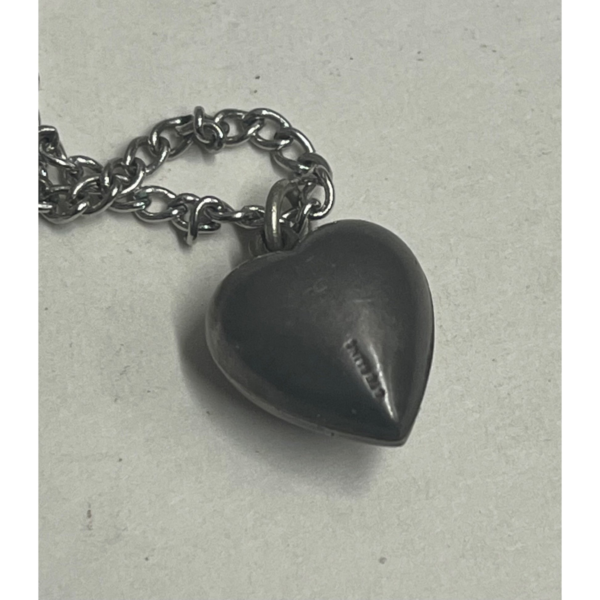 Antique Sterling Silver Puffy Heart Necklace Pendant Charm with Red Stone