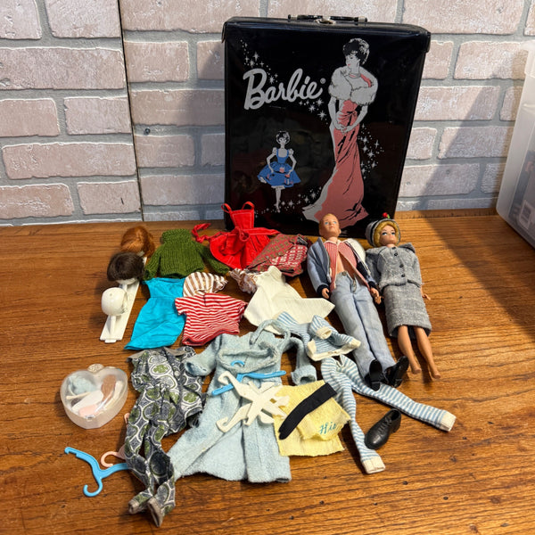 Vtg 1963 Mattel Barbie Ken Black Carrying Case 1962 Midge 1960 Ken Doll Clothes Shoes