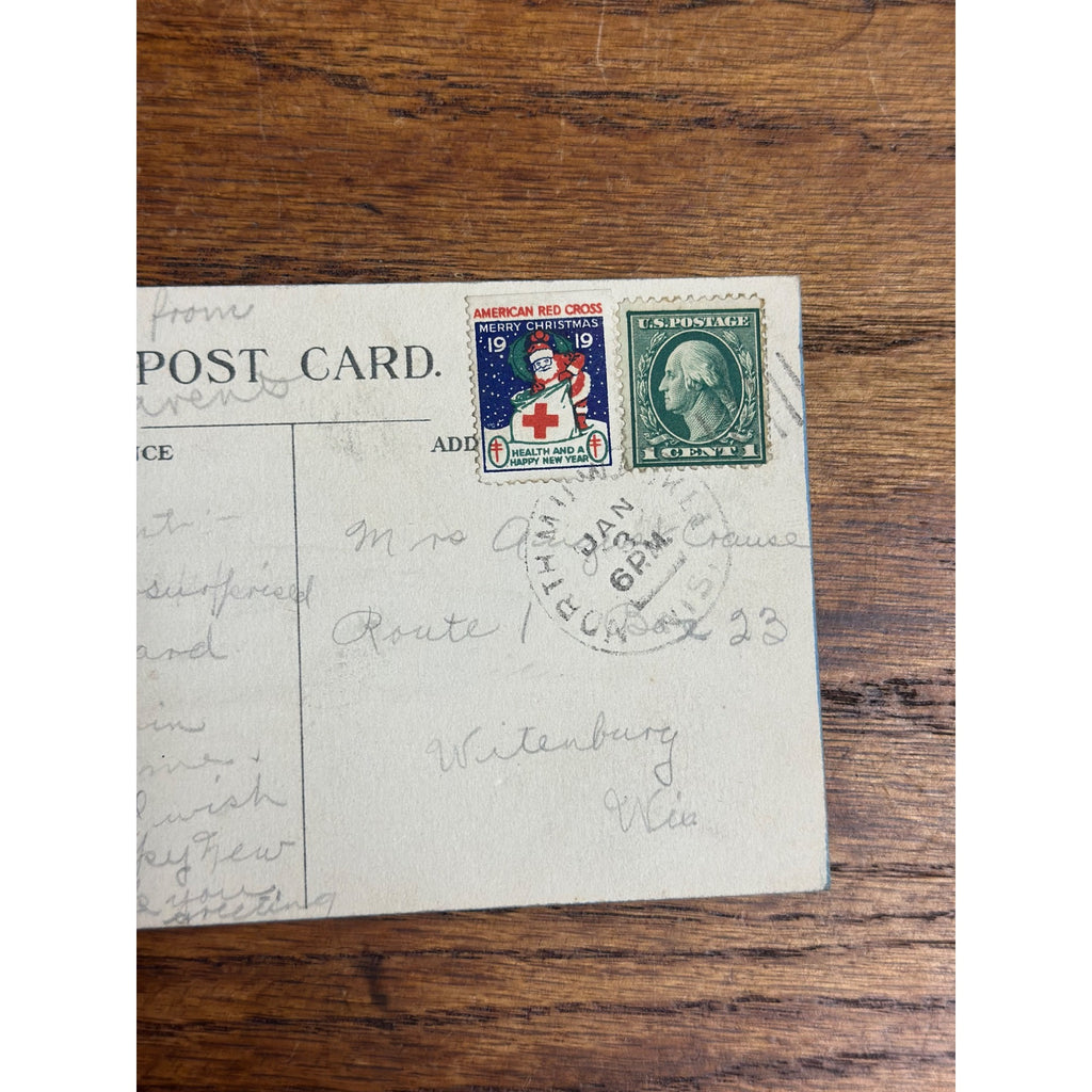 Vintage 1919 Christmas Postcard w/ Christmas Seal Tied American Red Cross