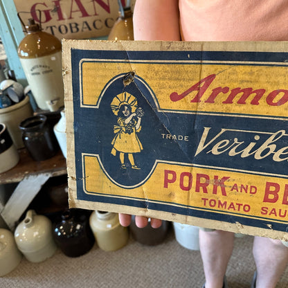 Antique 1920s Armour Pork & Beans Advertising Kitchen Sign Cardboard