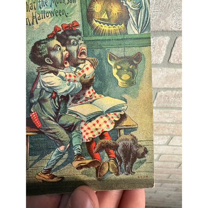 RARE Vintage 1900s Halloween Postcard #6508 Black Americana JOL Ghost Cat