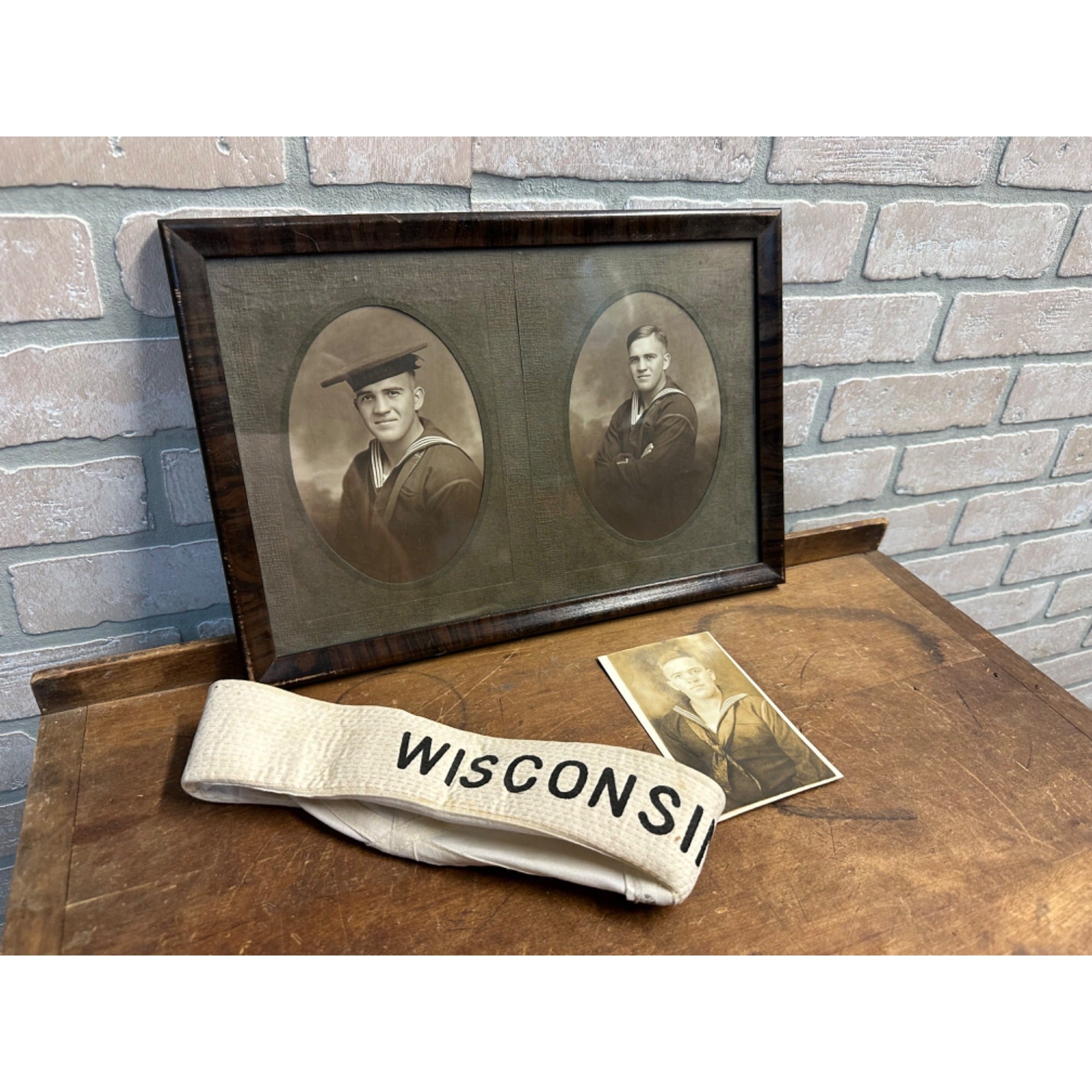 Original WWI US Navy Salior in Uniform Framed Photos, RPPC + Wisconsin Cap Hat