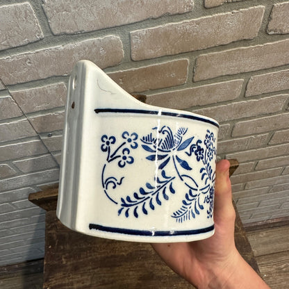 Antique Primitive Porcelain Cobalt Blue Pattern Salt Box w/ Lid - As-Is