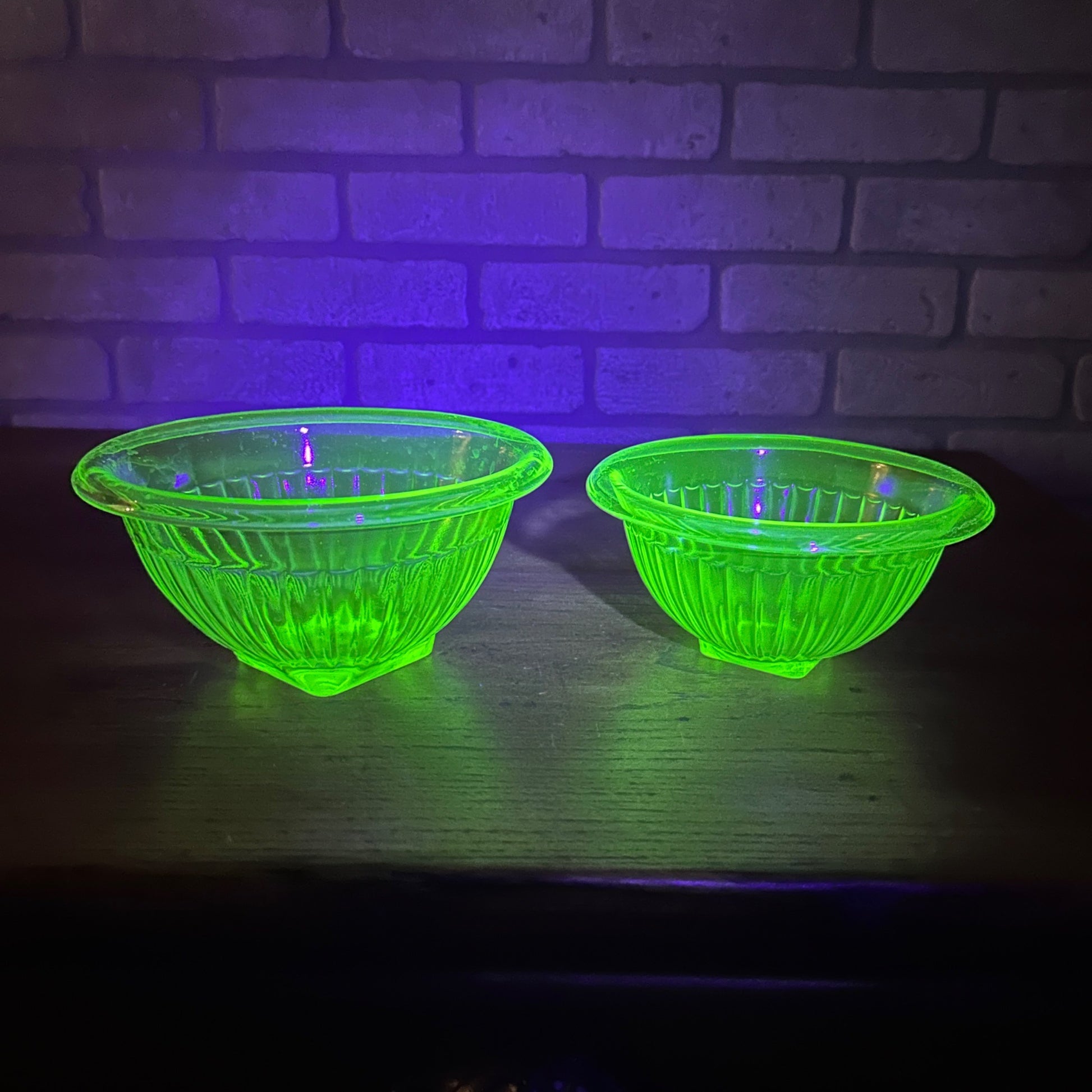 Pair Uranium Glass Nesting Bowls Glows Hazel Atlas Paneled Mixing