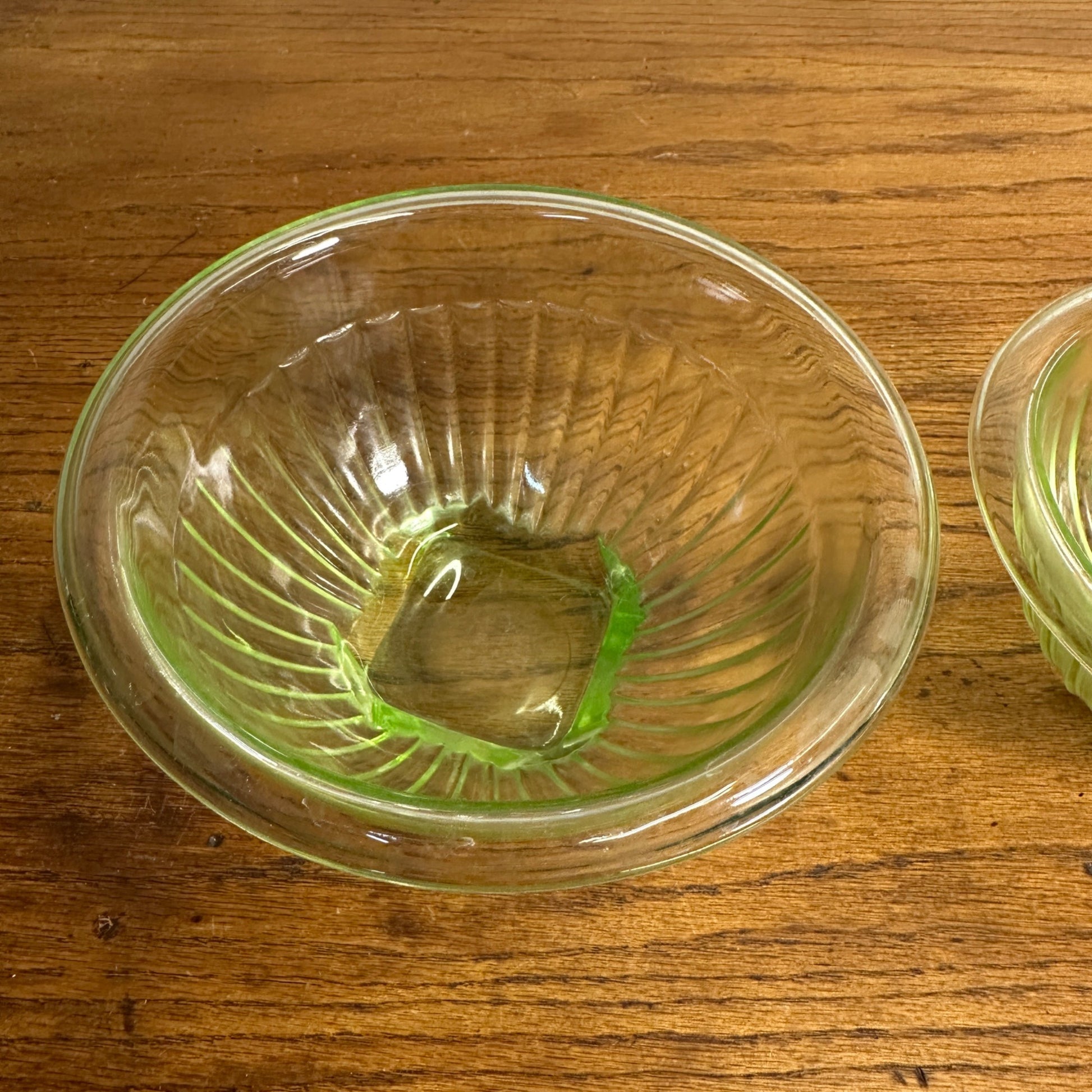 Pair Uranium Glass Nesting Bowls Glows Hazel Atlas Paneled Mixing