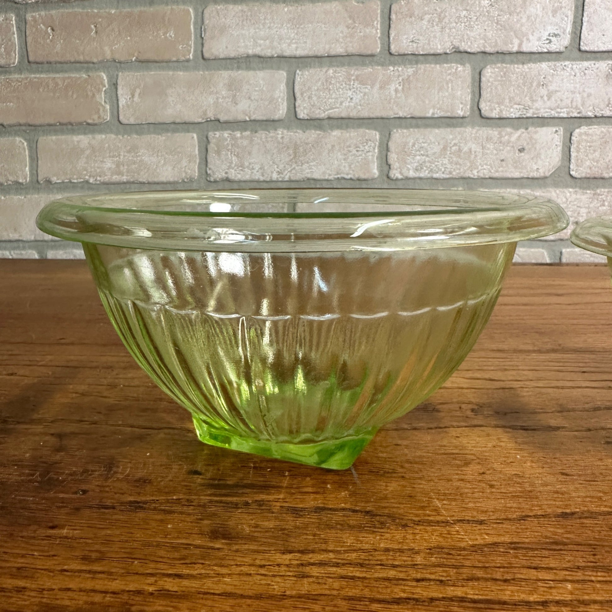 Pair Uranium Glass Nesting Bowls Glows Hazel Atlas Paneled Mixing