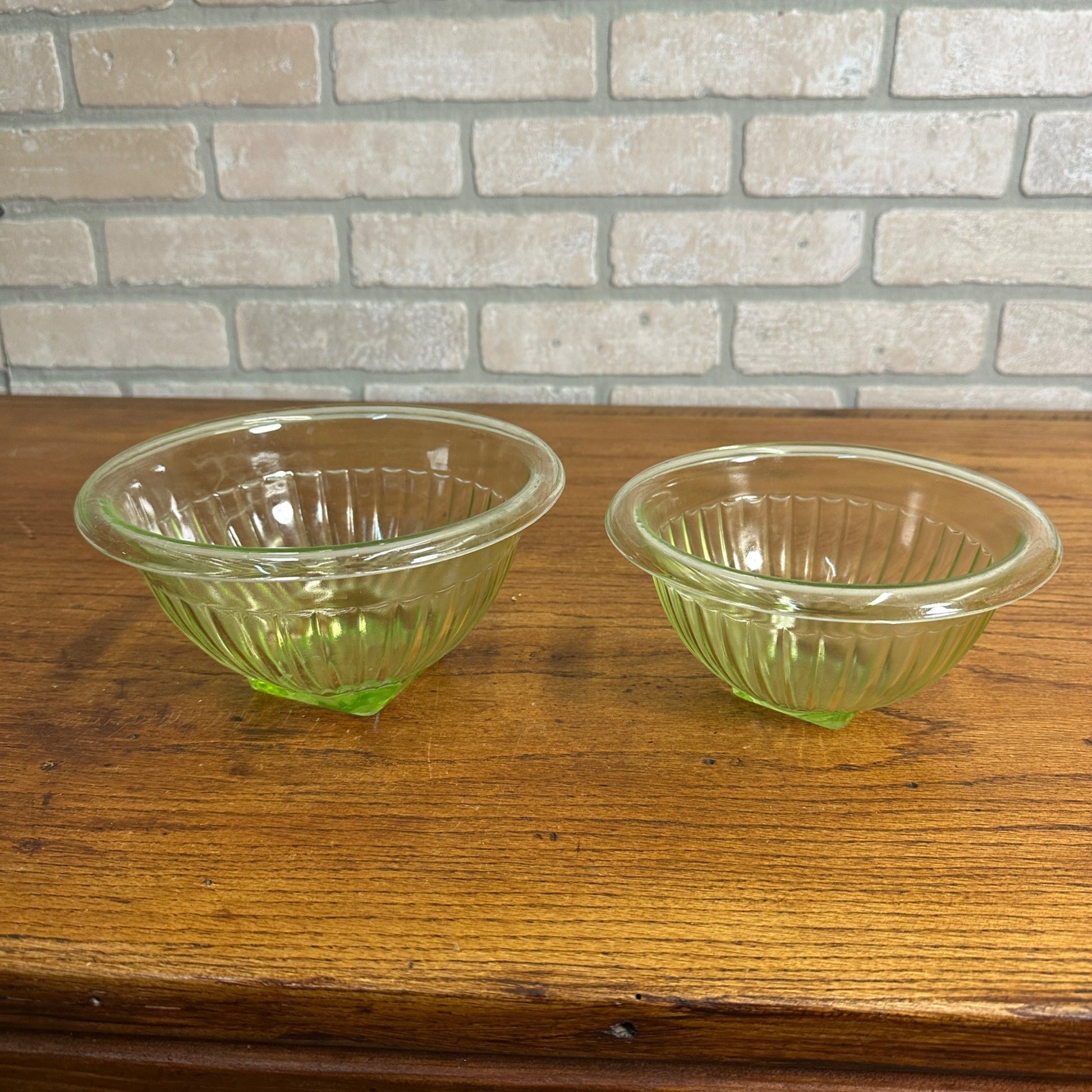 Pair Uranium Glass Nesting Bowls Glows Hazel Atlas Paneled Mixing