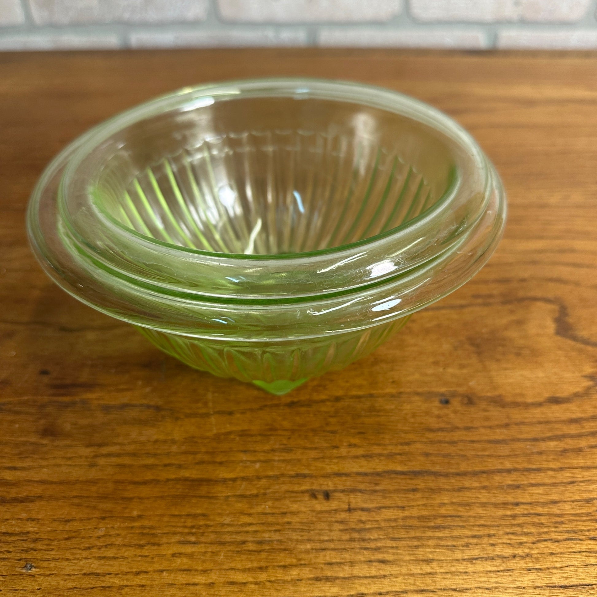 Pair Uranium Glass Nesting Bowls Glows Hazel Atlas Paneled Mixing