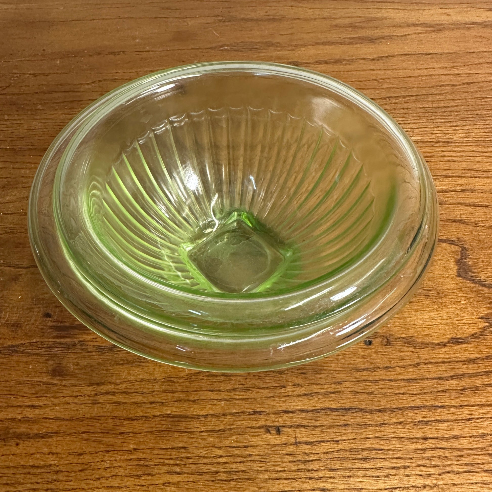 Pair Uranium Glass Nesting Bowls Glows Hazel Atlas Paneled Mixing