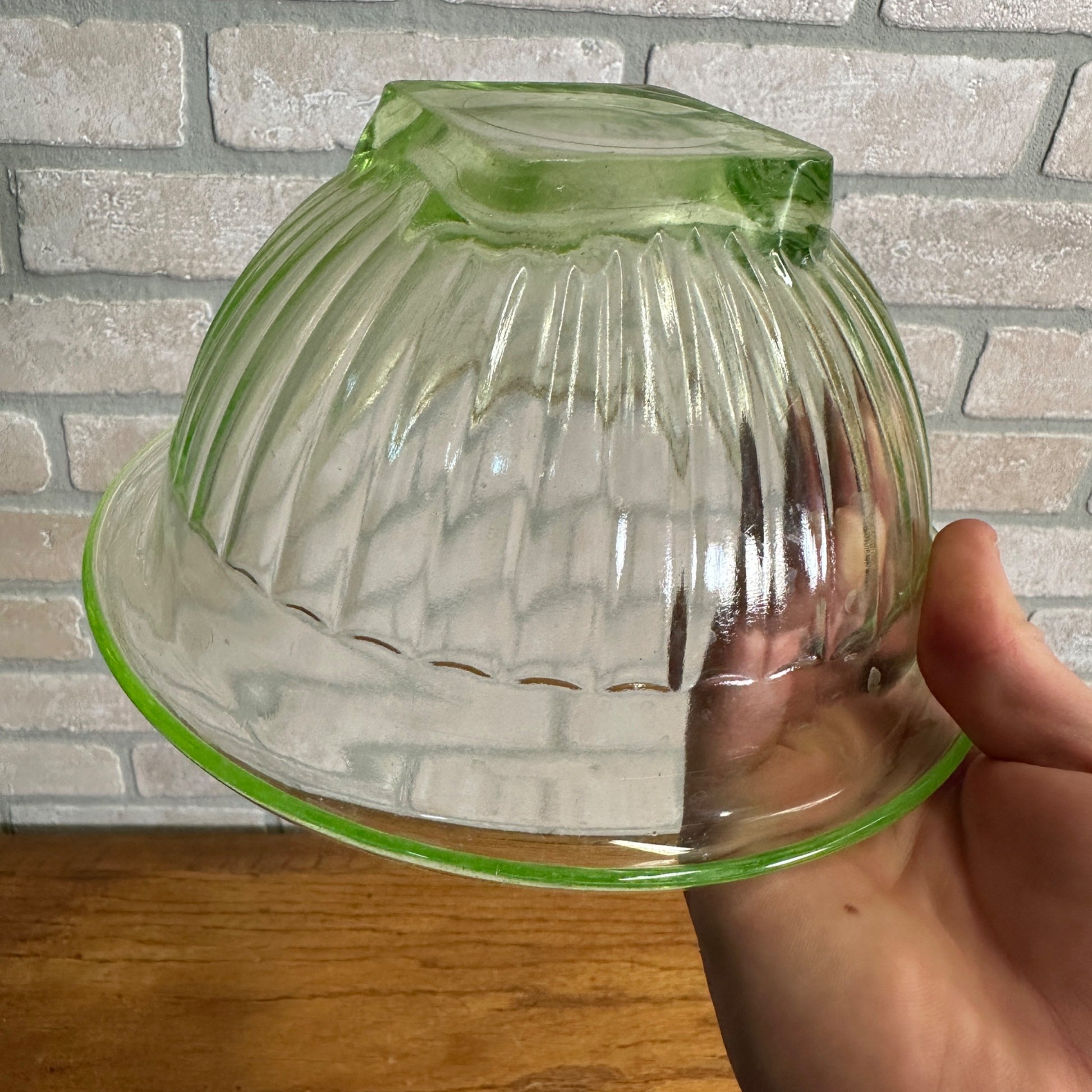 Pair Uranium Glass Nesting Bowls Glows Hazel Atlas Paneled Mixing