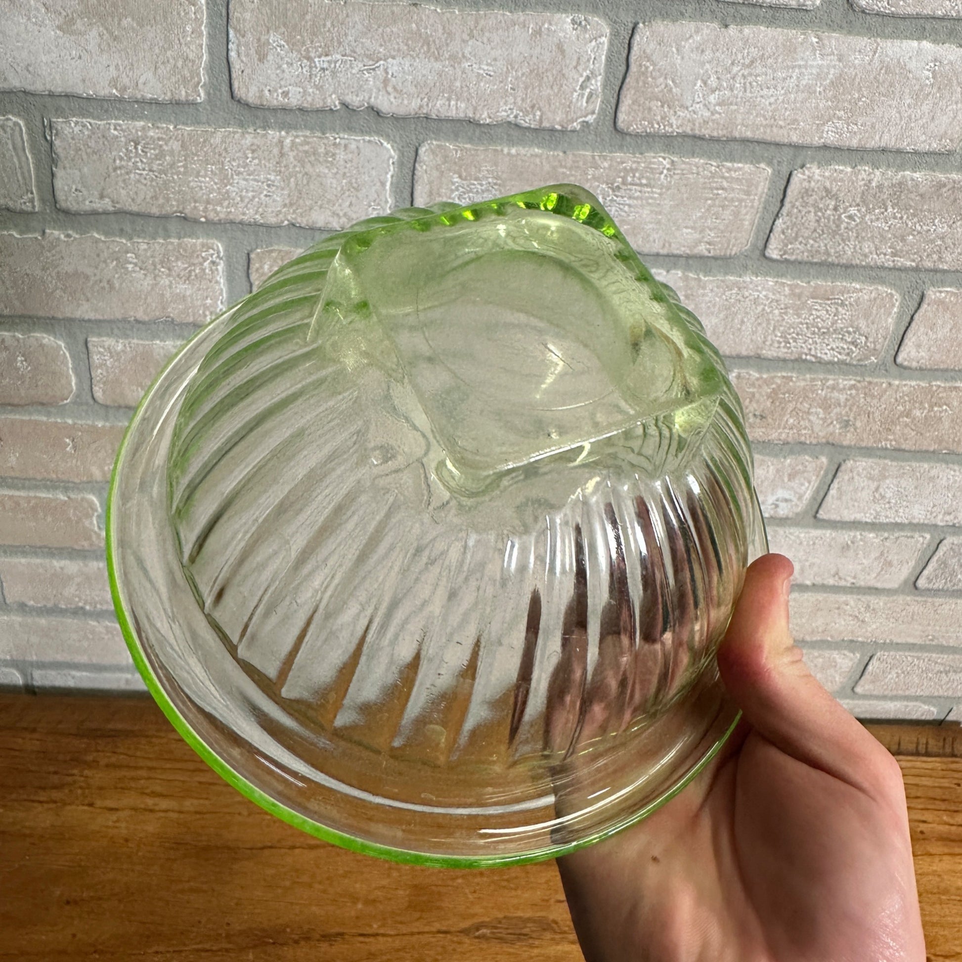 Pair Uranium Glass Nesting Bowls Glows Hazel Atlas Paneled Mixing