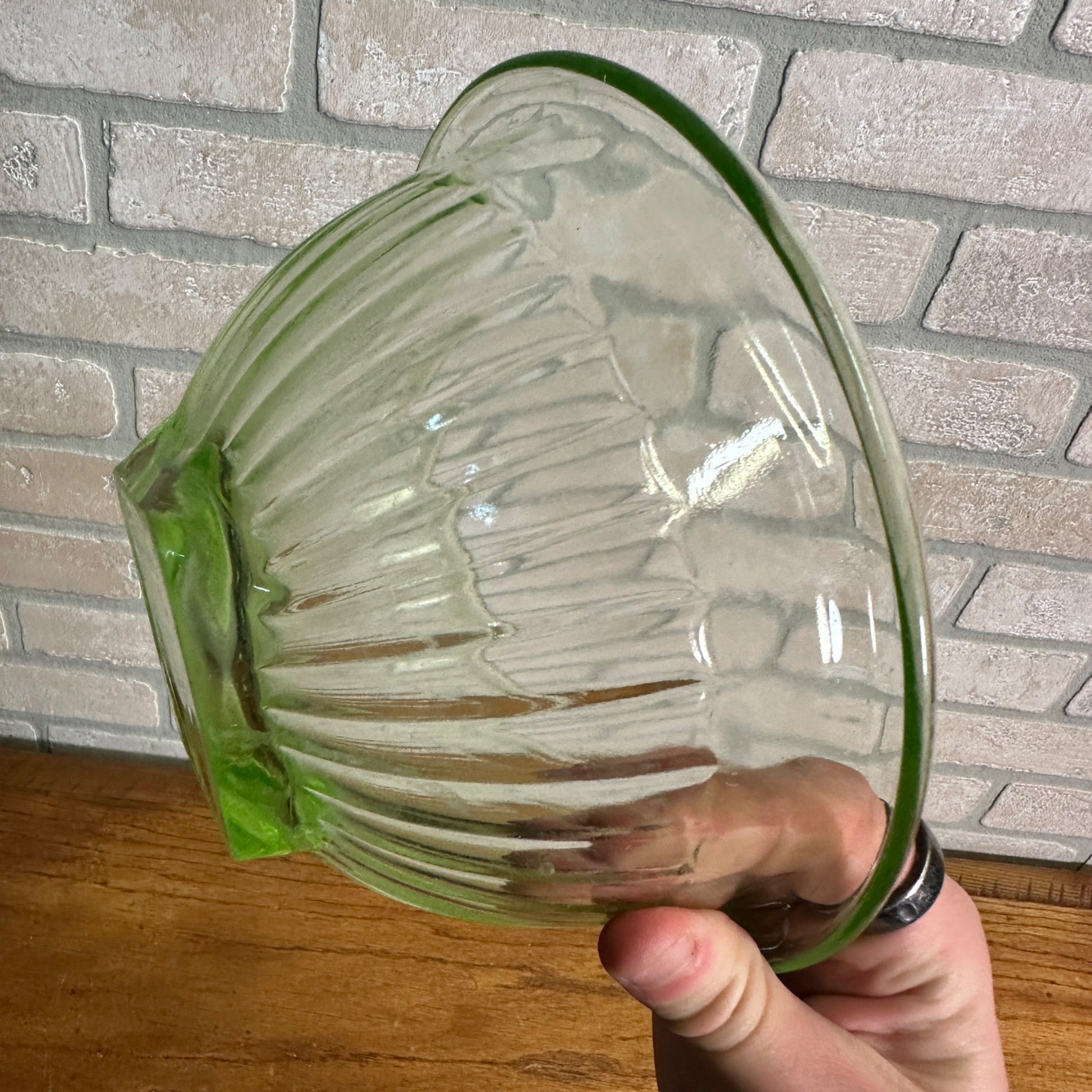 Pair Uranium Glass Nesting Bowls Glows Hazel Atlas Paneled Mixing