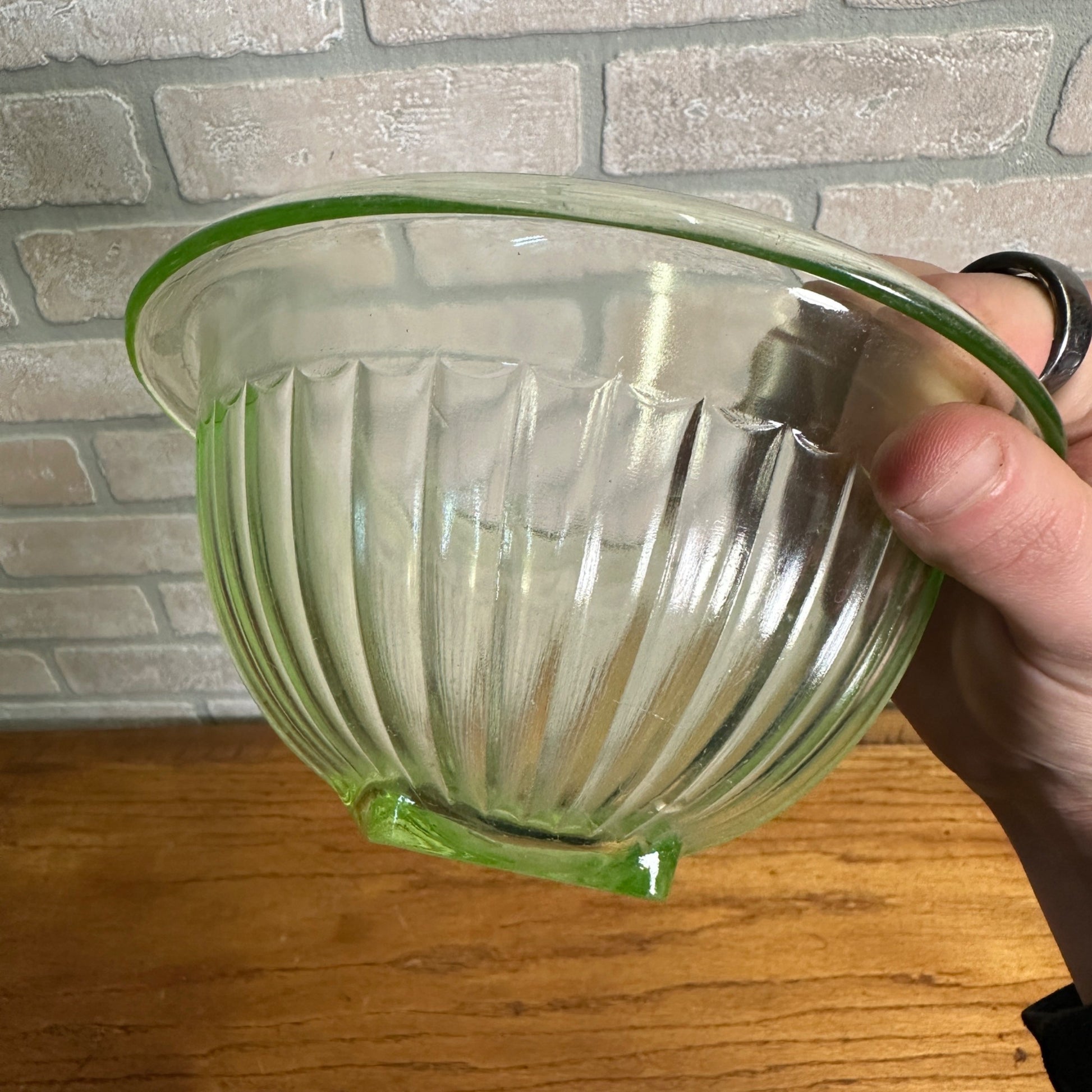 Pair Uranium Glass Nesting Bowls Glows Hazel Atlas Paneled Mixing