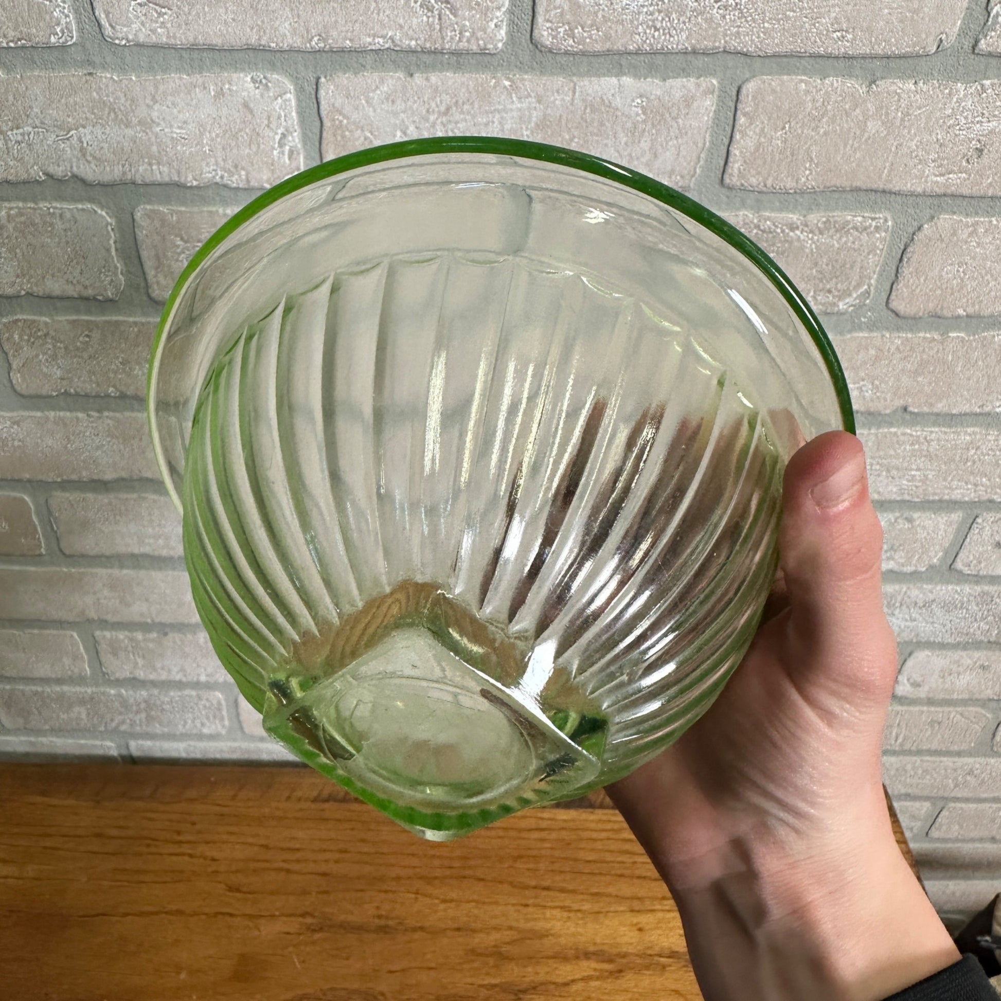 Pair Uranium Glass Nesting Bowls Glows Hazel Atlas Paneled Mixing