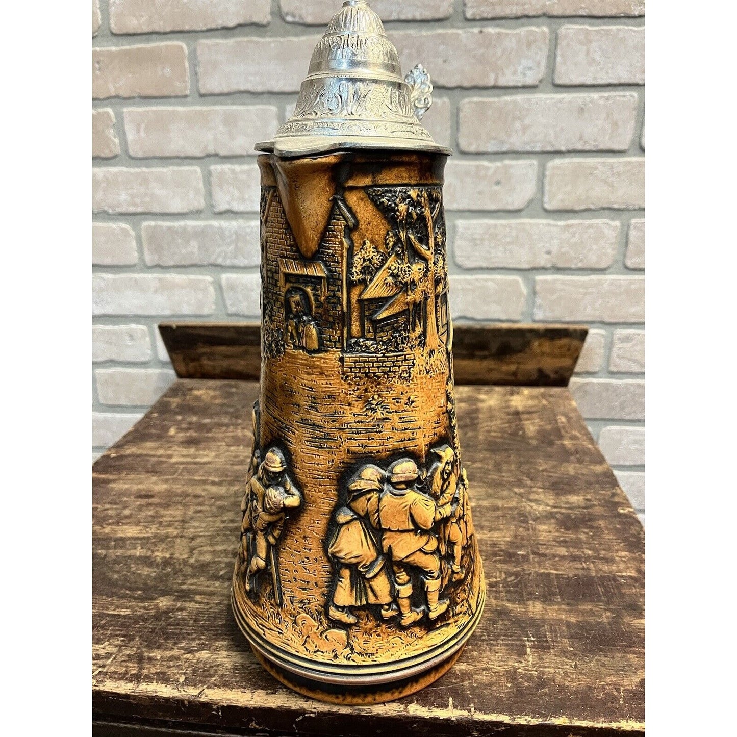 Vintage Simon Peter Gertz "Village Scene" 2.5 Litre German Stein Pewter Lid 1493