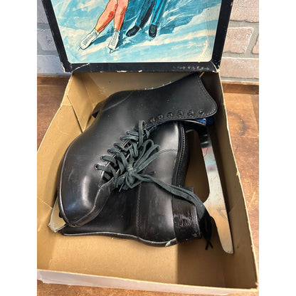 Vintage 1960s American Aces Men's Black Ice Figure Skates Size 8 w/ Box