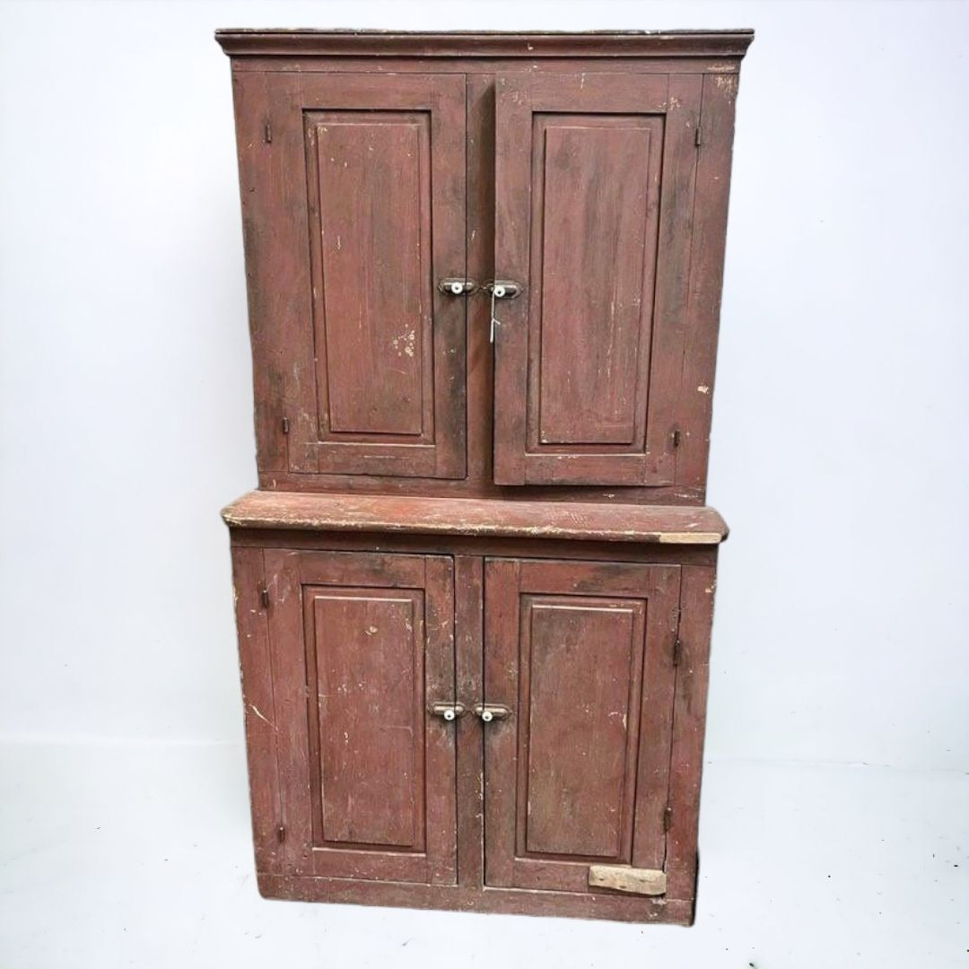 Antique Primitive Red Wooden Stepback Hutch Pantry Cupboard 19th Century