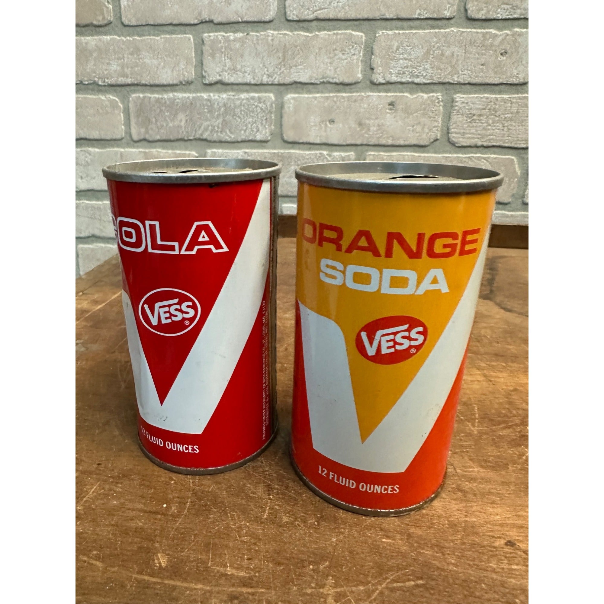 Vintage Vess Soda Pop Cans (2) Cola + Orange Steel Pull Tab Flat Top