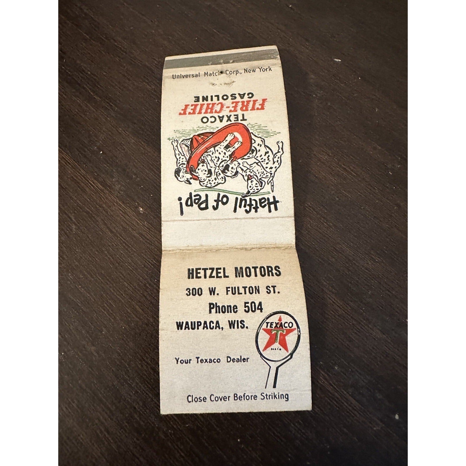 Vintage 1940s Texaco Gas Station Advertising Matchbook Hetzel Motors Waupaca Wis