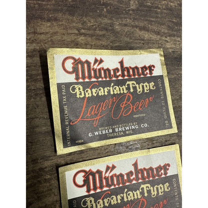 Vintage 1940s G. Weber Brewing Co. Theresa Wis Munchner Lager IRTP Bottle Labels