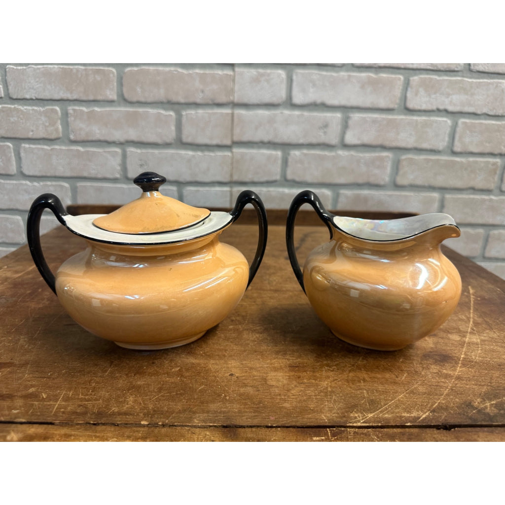 Vintage 1930s Phoenix China Creamer & Sugar Bowl Set Peach Lusterware