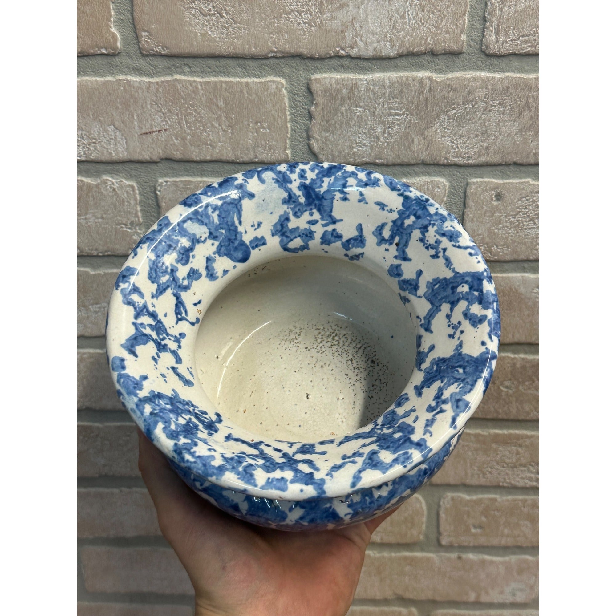 Antique 1800s Blue On White Stoneware Spongeware Spittoon Cuspidor