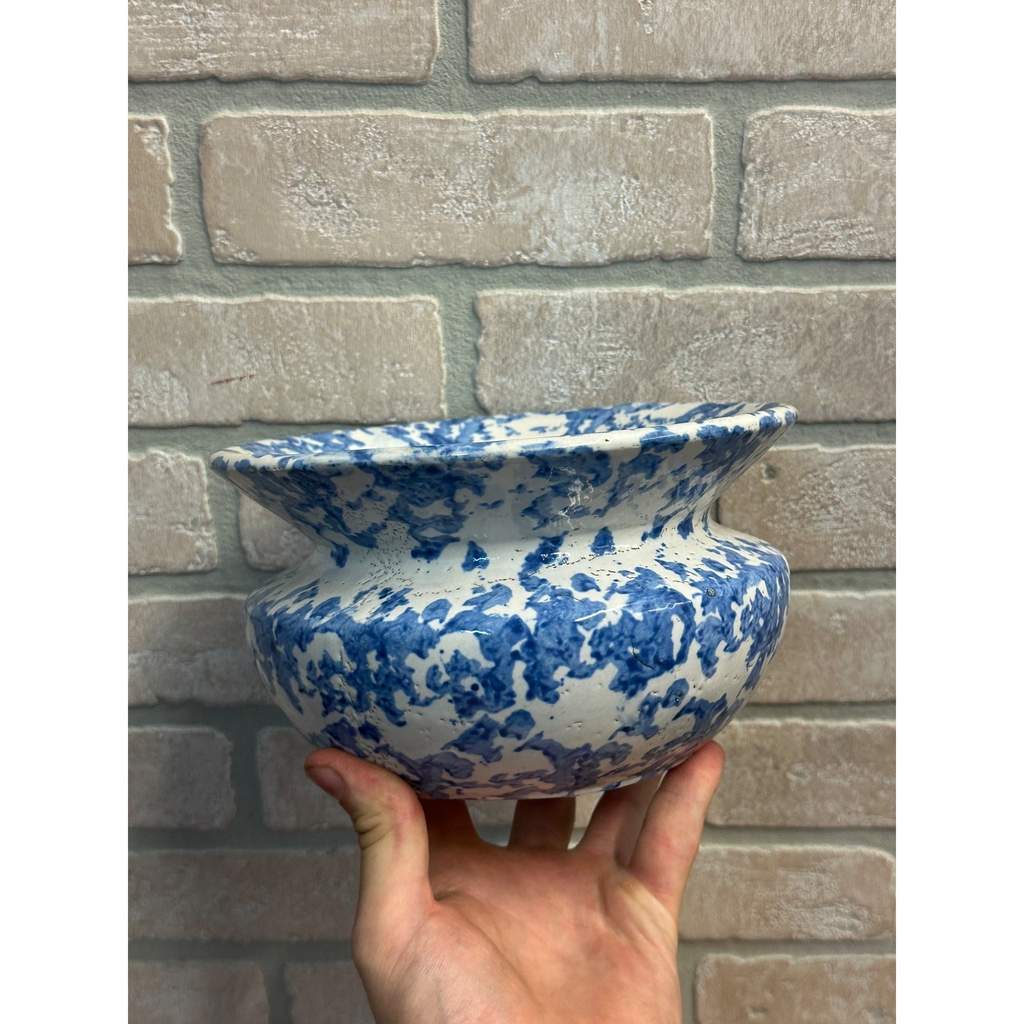 Antique 1800s Blue On White Stoneware Spongeware Spittoon Cuspidor