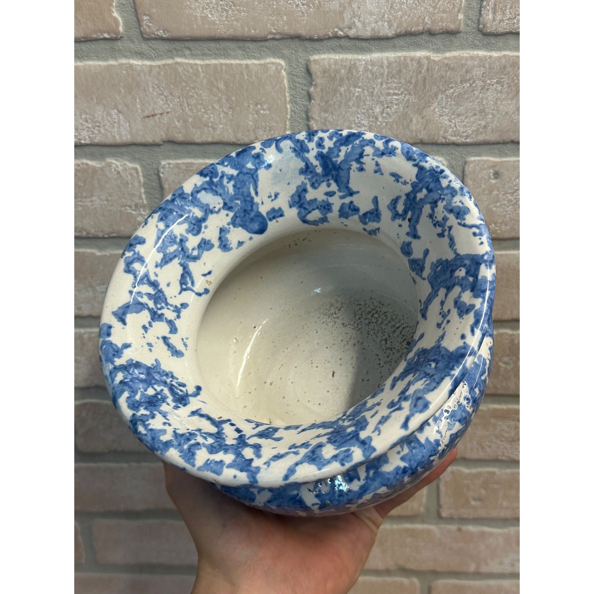 Antique 1800s Blue On White Stoneware Spongeware Spittoon Cuspidor