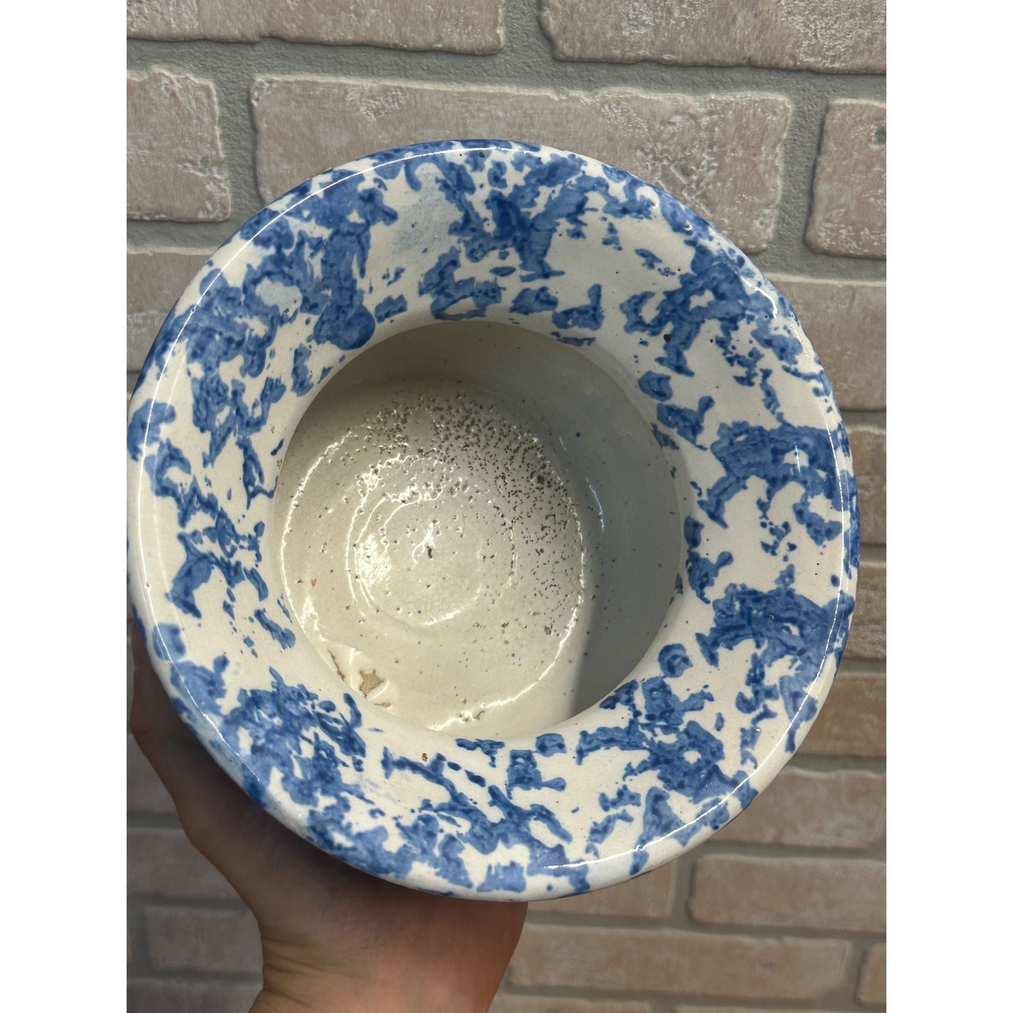 Antique 1800s Blue On White Stoneware Spongeware Spittoon Cuspidor