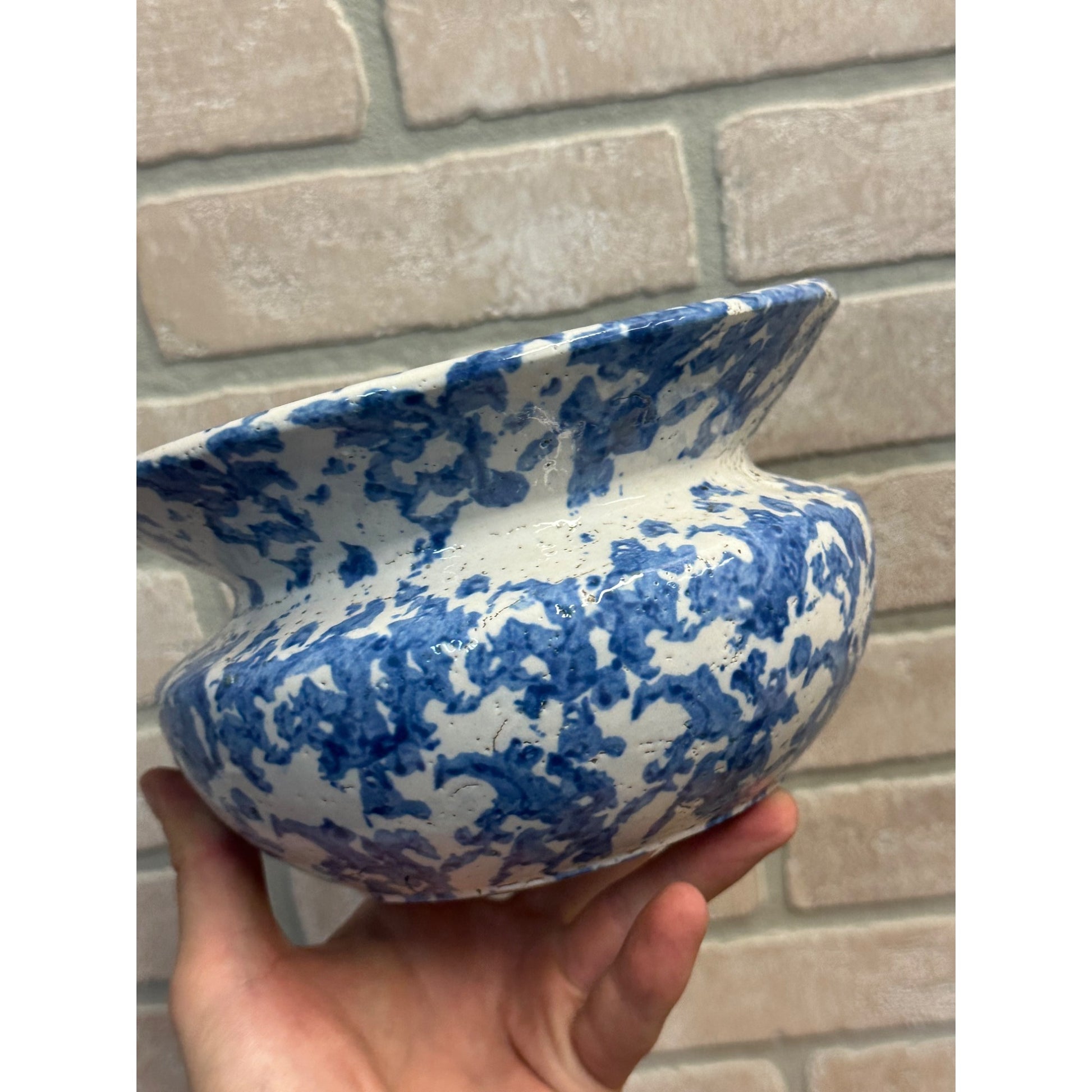 Antique 1800s Blue On White Stoneware Spongeware Spittoon Cuspidor