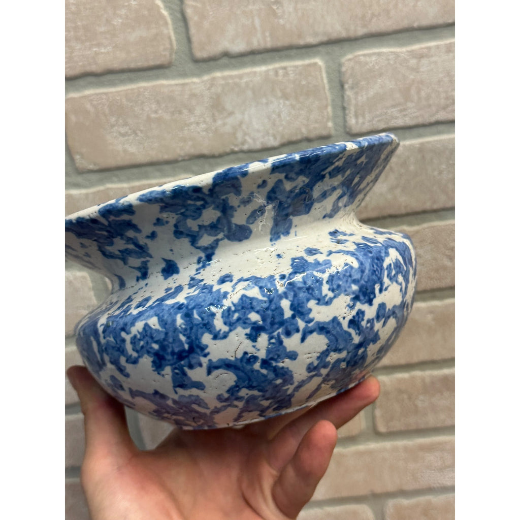Antique 1800s Blue On White Stoneware Spongeware Spittoon Cuspidor