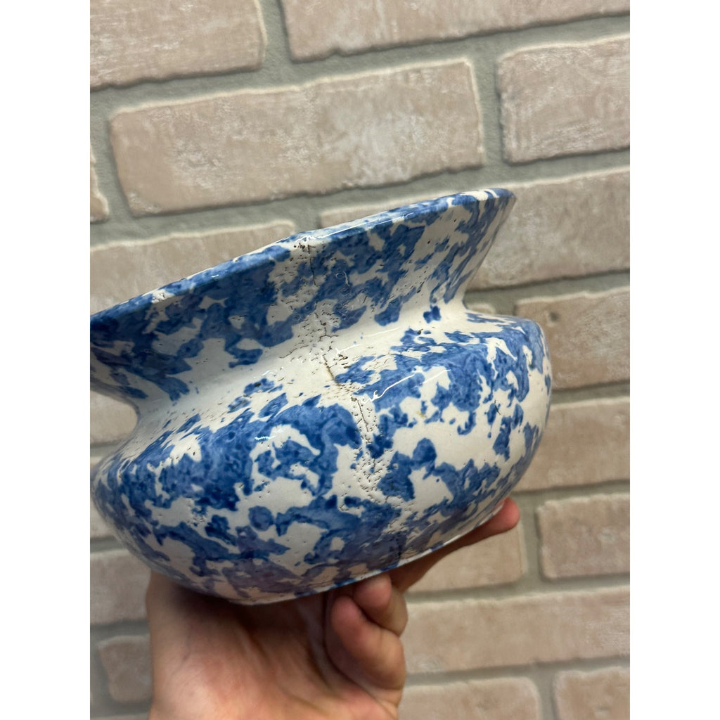 Antique 1800s Blue On White Stoneware Spongeware Spittoon Cuspidor