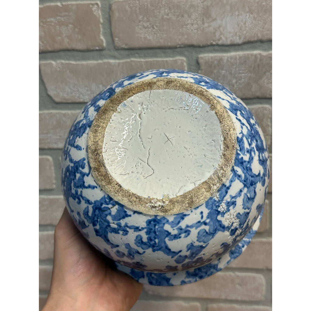 Antique 1800s Blue On White Stoneware Spongeware Spittoon Cuspidor