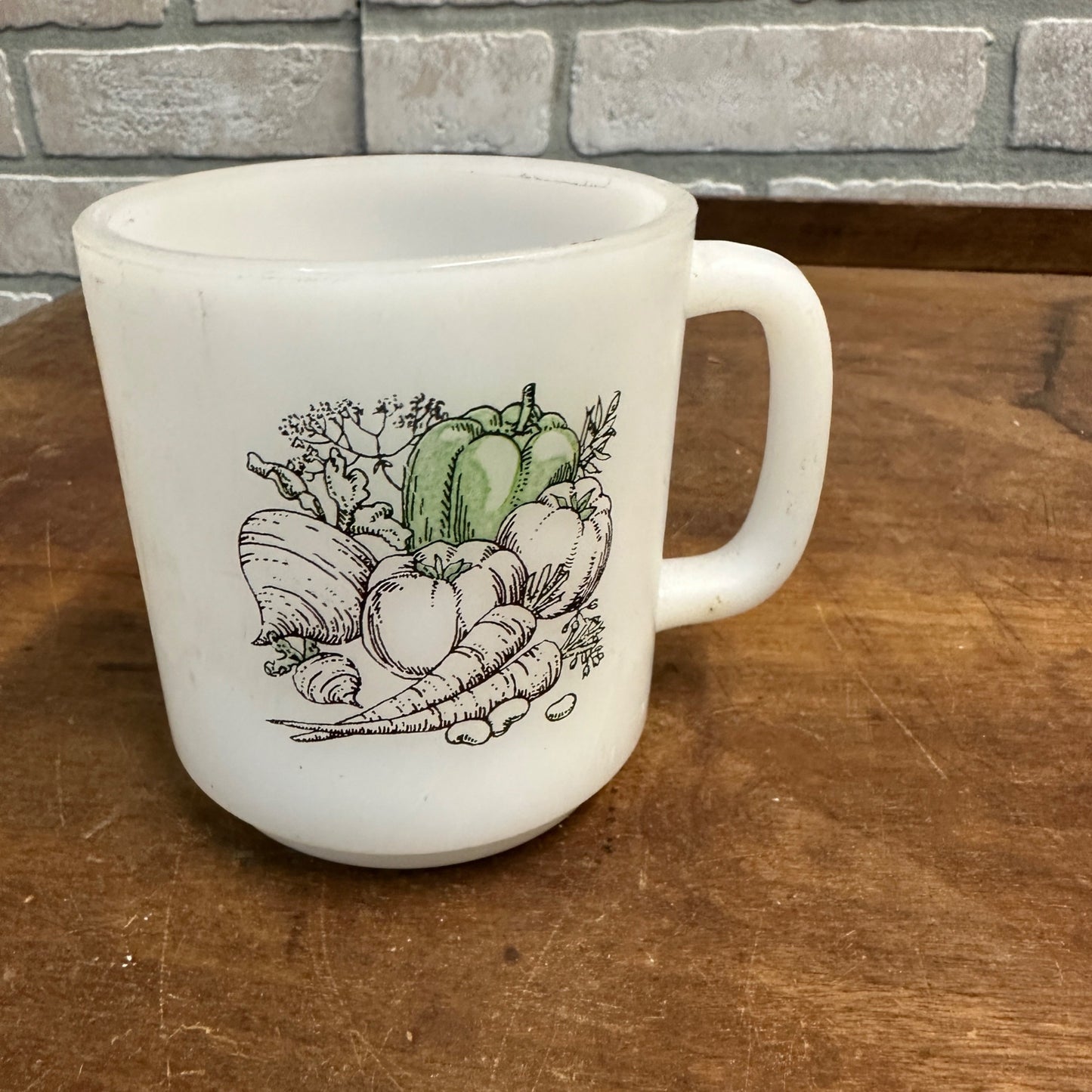 Vintage (2) Glasbake Milk Glass Vegetable Harvest Pattern Stackable Mugs