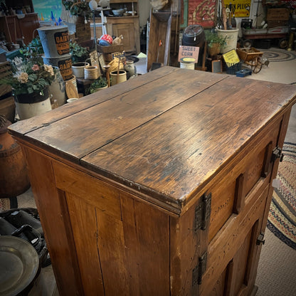 Antique Primitive c1880s Wooden Ice Box Cabinet  w/ Orante Spoon Carvings