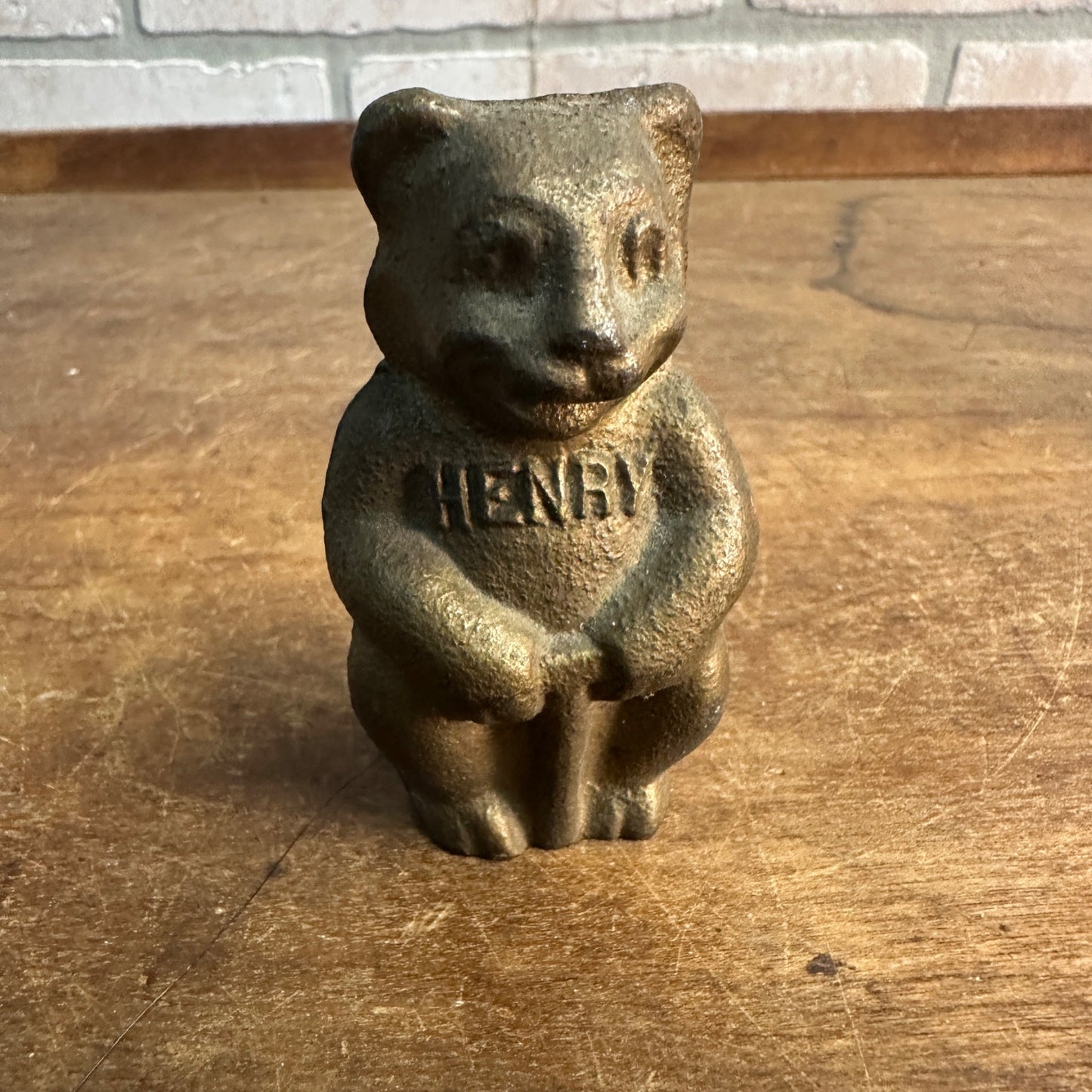 Antique Vintage Cast Iron Bear Figure HENRY Holding Dynamite Plunger