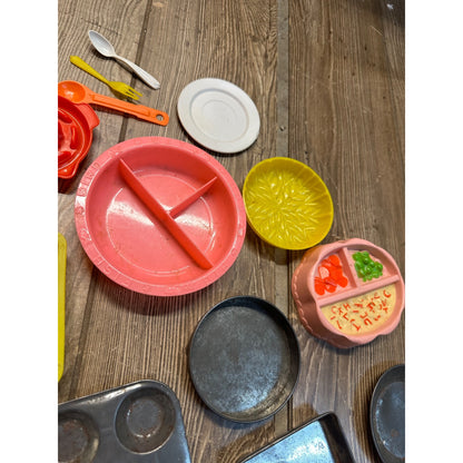 Vintage Child's Bakeware Play Food Set Tins Plates Kitchen Utensils