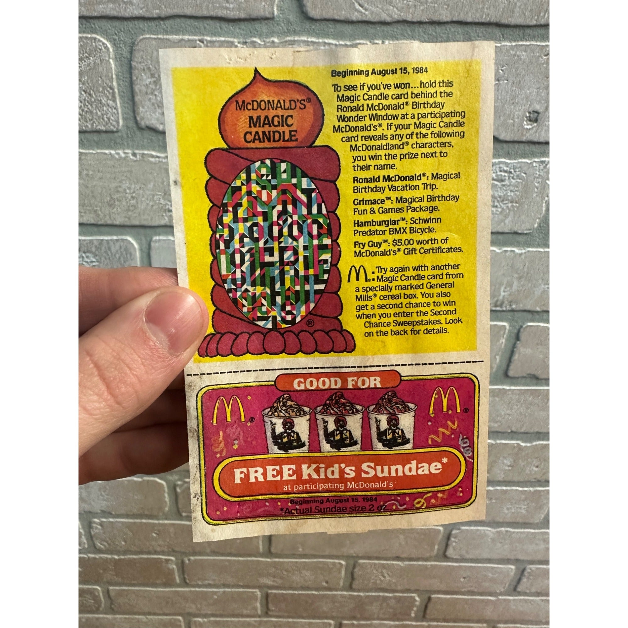 Vintage McDonald's Magic Candle Kids Sundae Coupon August 1984