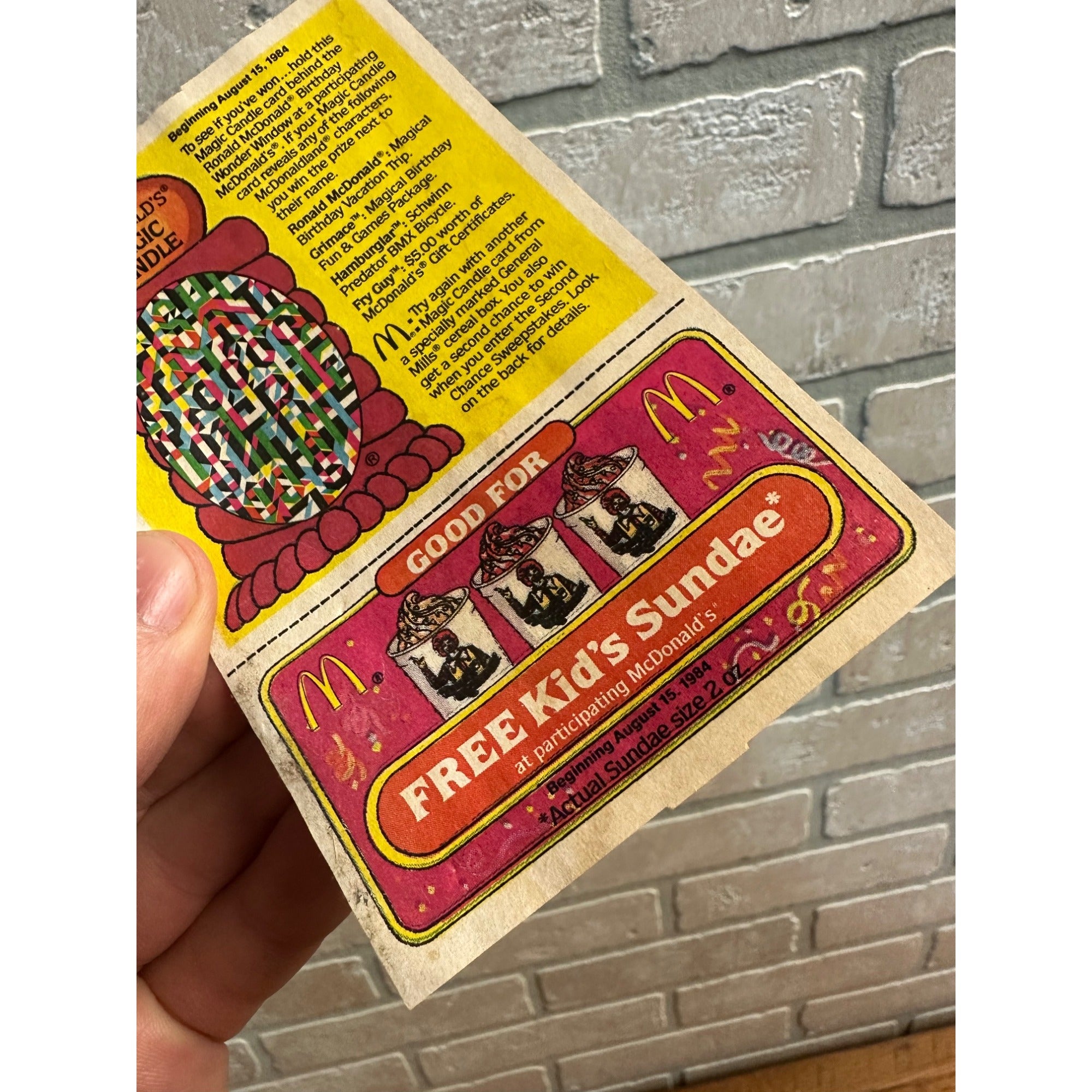 Vintage McDonald's Magic Candle Kids Sundae Coupon August 1984