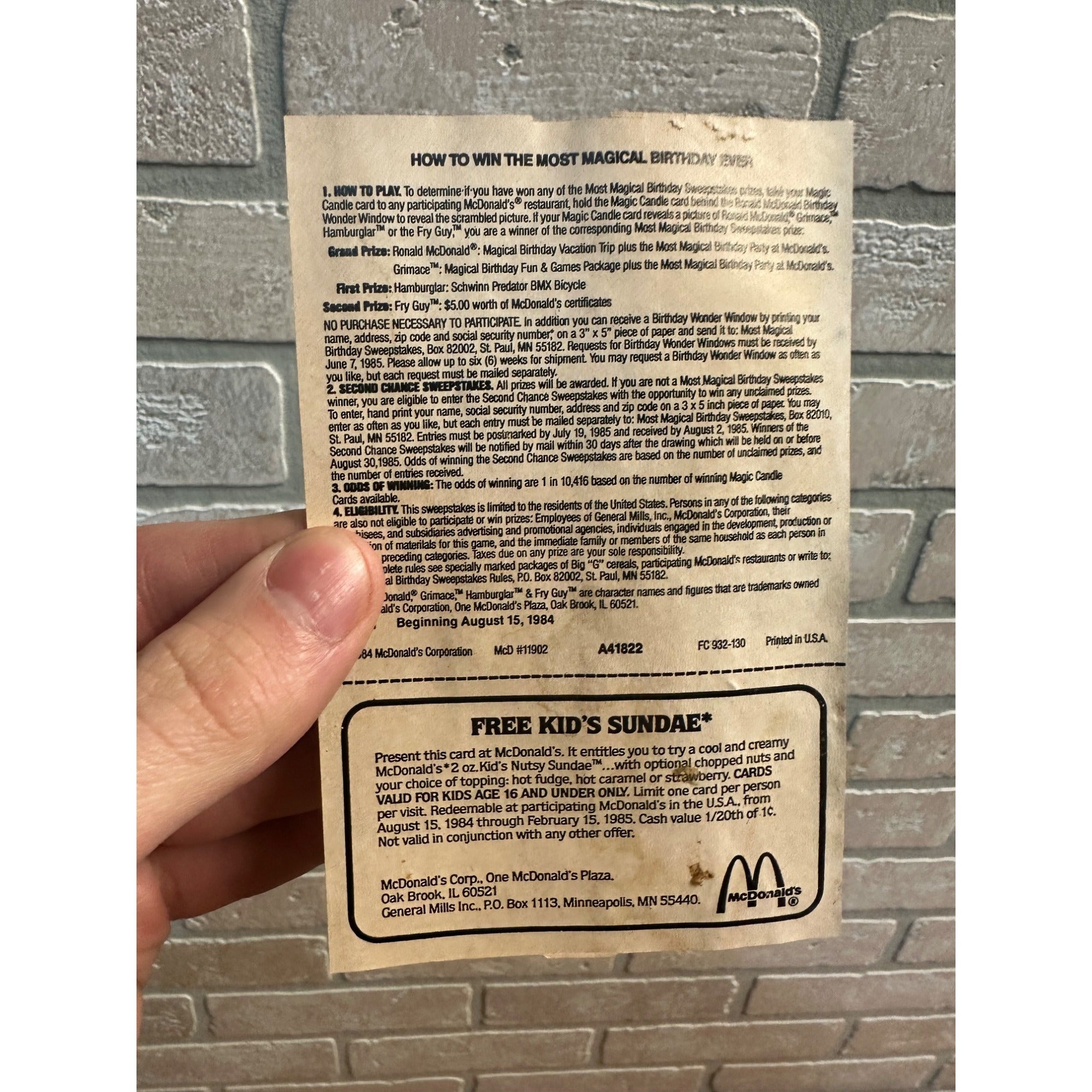 Vintage McDonald's Magic Candle Kids Sundae Coupon August 1984