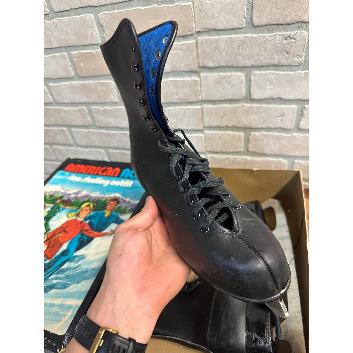 Vintage 1960s American Aces Men's Black Ice Figure Skates Size 8 w/ Box