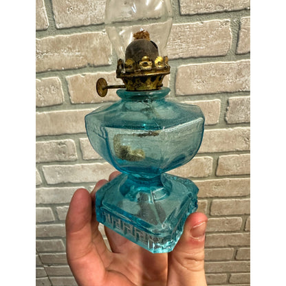 Antique US Glass Co. Blue Greek Key Pattern EAPG Oil Lamp