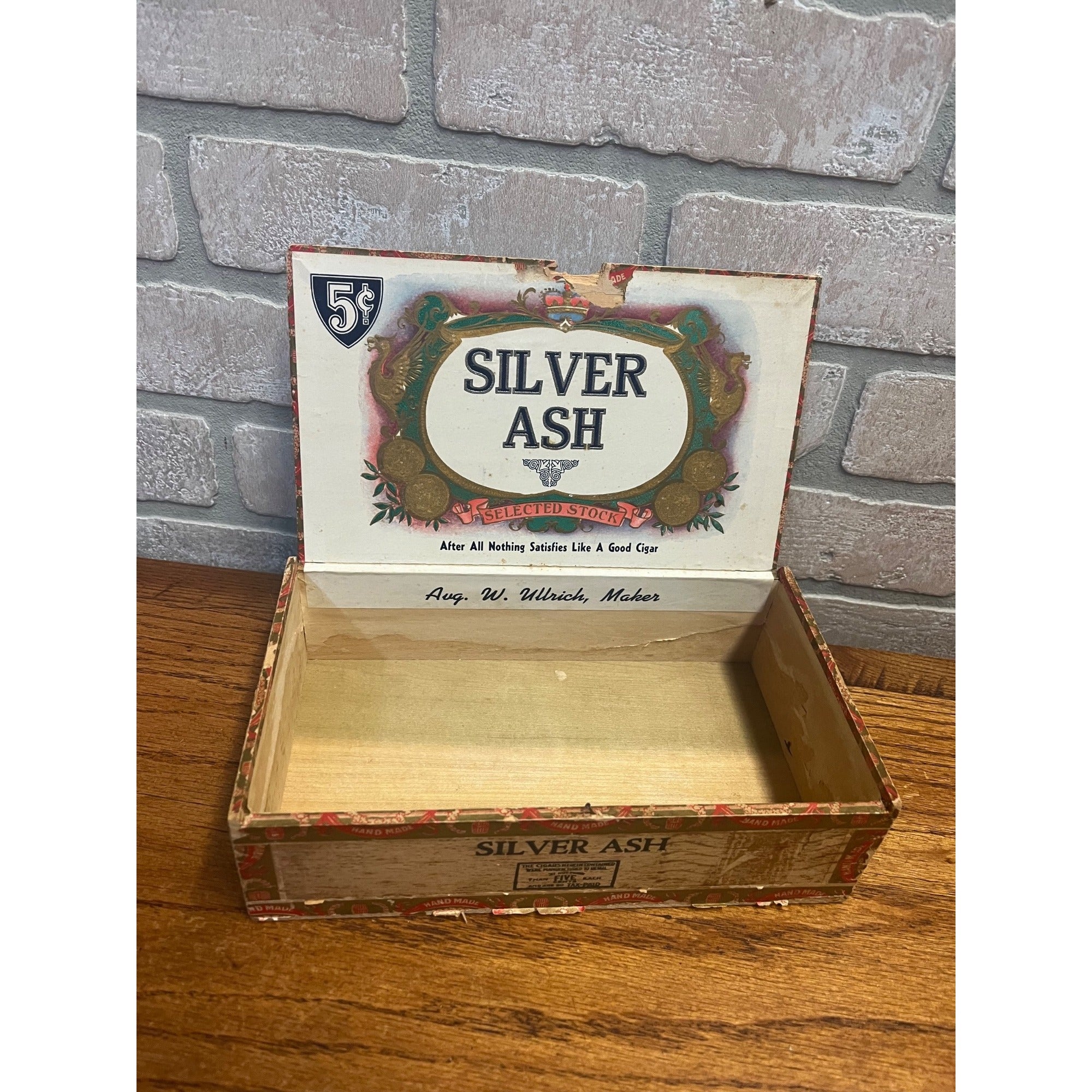 Vintage Wooden Cigar Box "Silver Ash" Advertising Ullrich Campbellsport Wisconsin