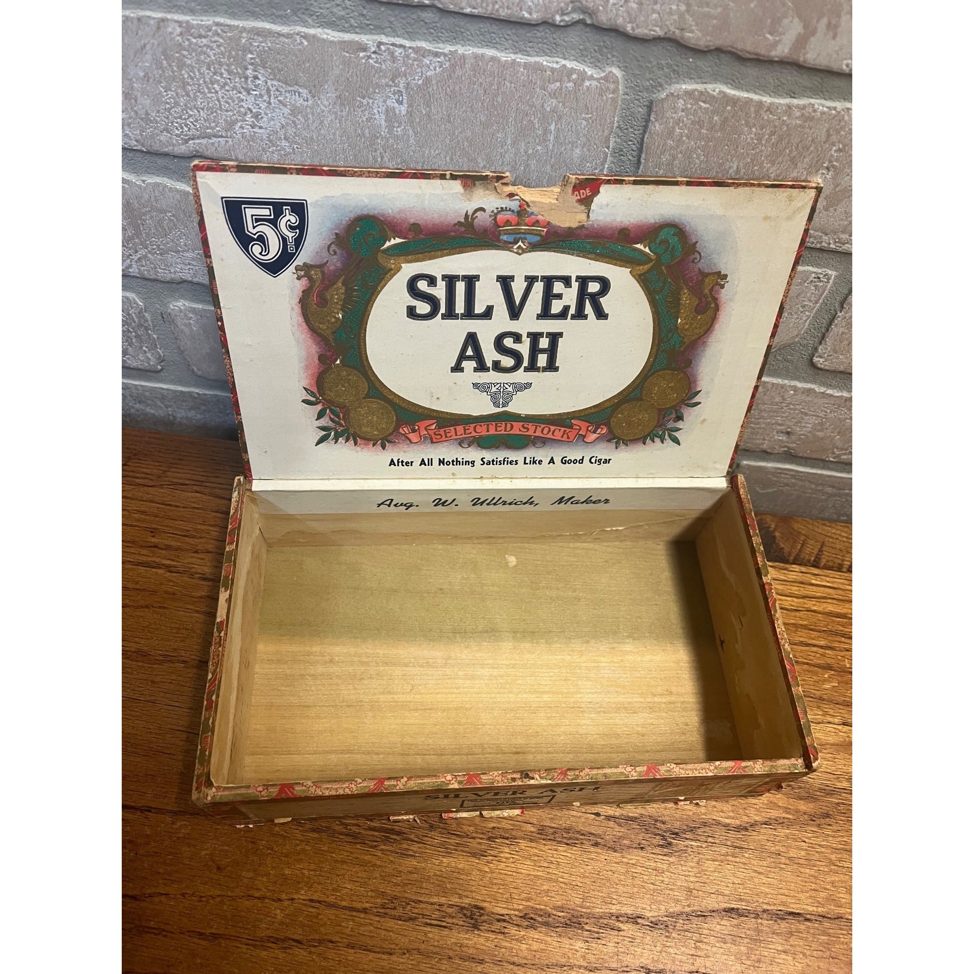 Vintage Wooden Cigar Box "Silver Ash" Advertising Ullrich Campbellsport Wisconsin